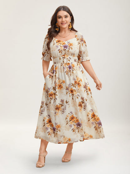 Chiffon Floral Waist-Cinched Maxi Dress