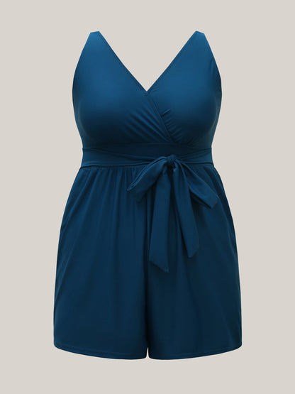 Surplice Neckline Belted Plain One-Piece Swimsuit