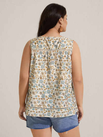 Lace Trim Spliced Floral Print Tank Top
