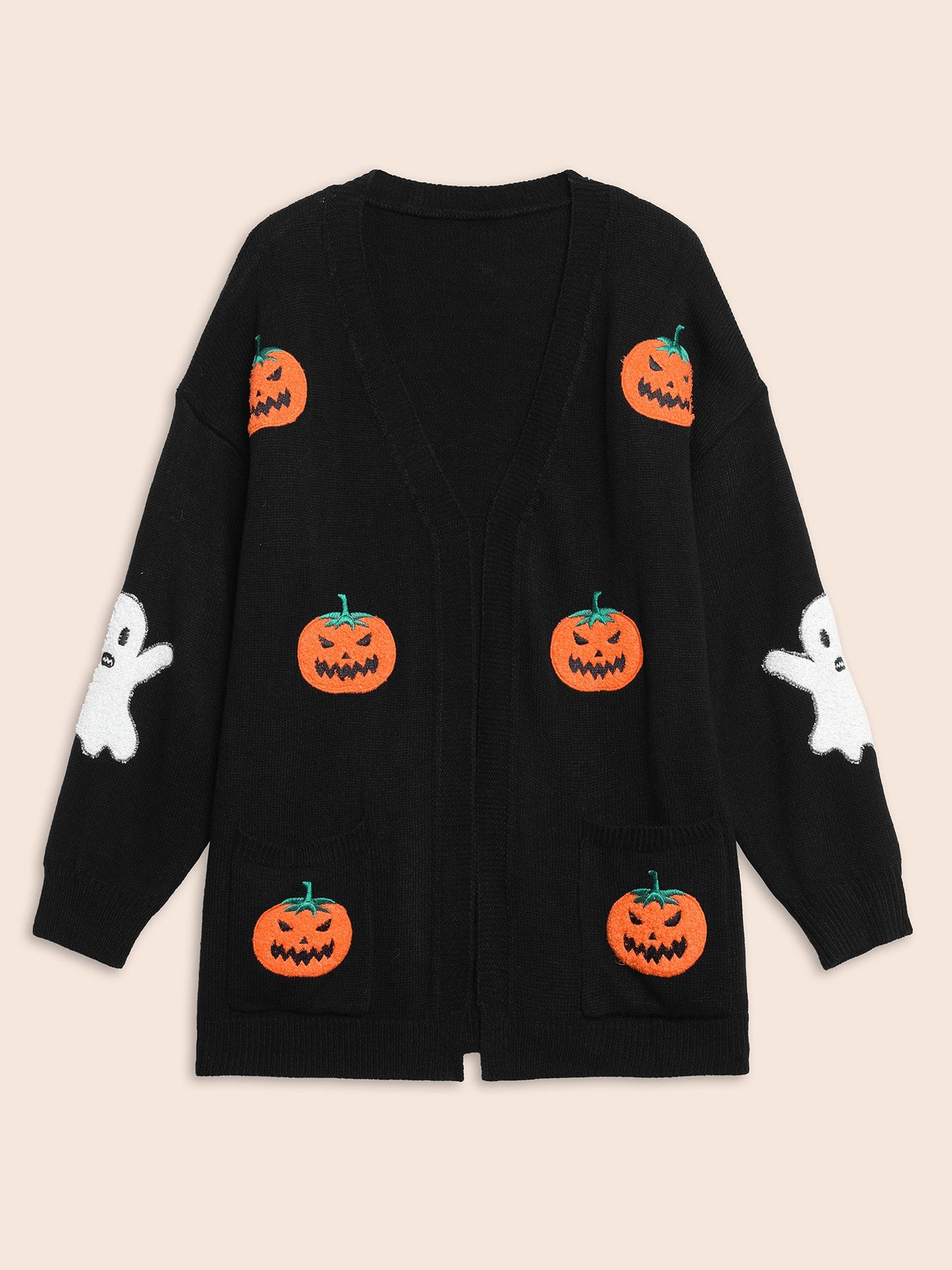 Pumpkin Ghost Embroidery Open Cardigan