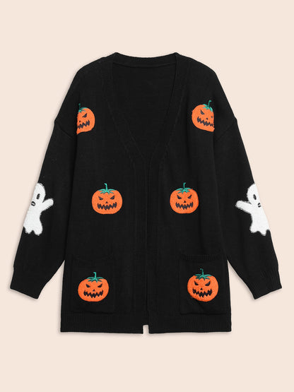 Pumpkin Ghost Embroidery Open Cardigan