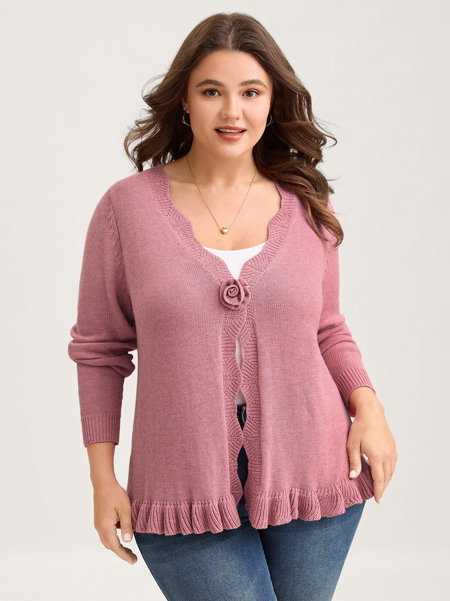 Supersoft Textured Floral Button Ruffled Hem Knit Cardigan