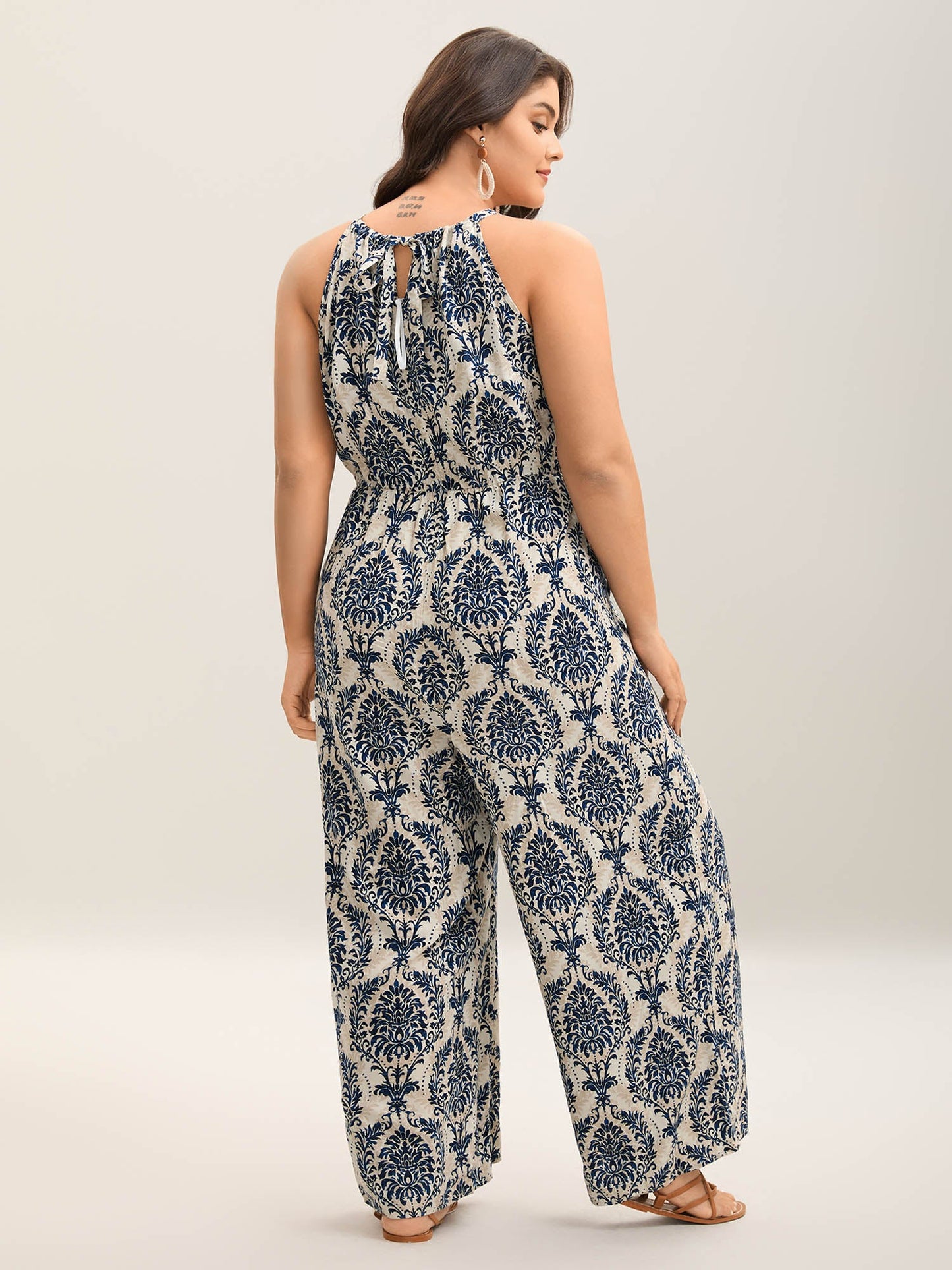 Rayon Damask Print Stretchy Waist Jumpsuit