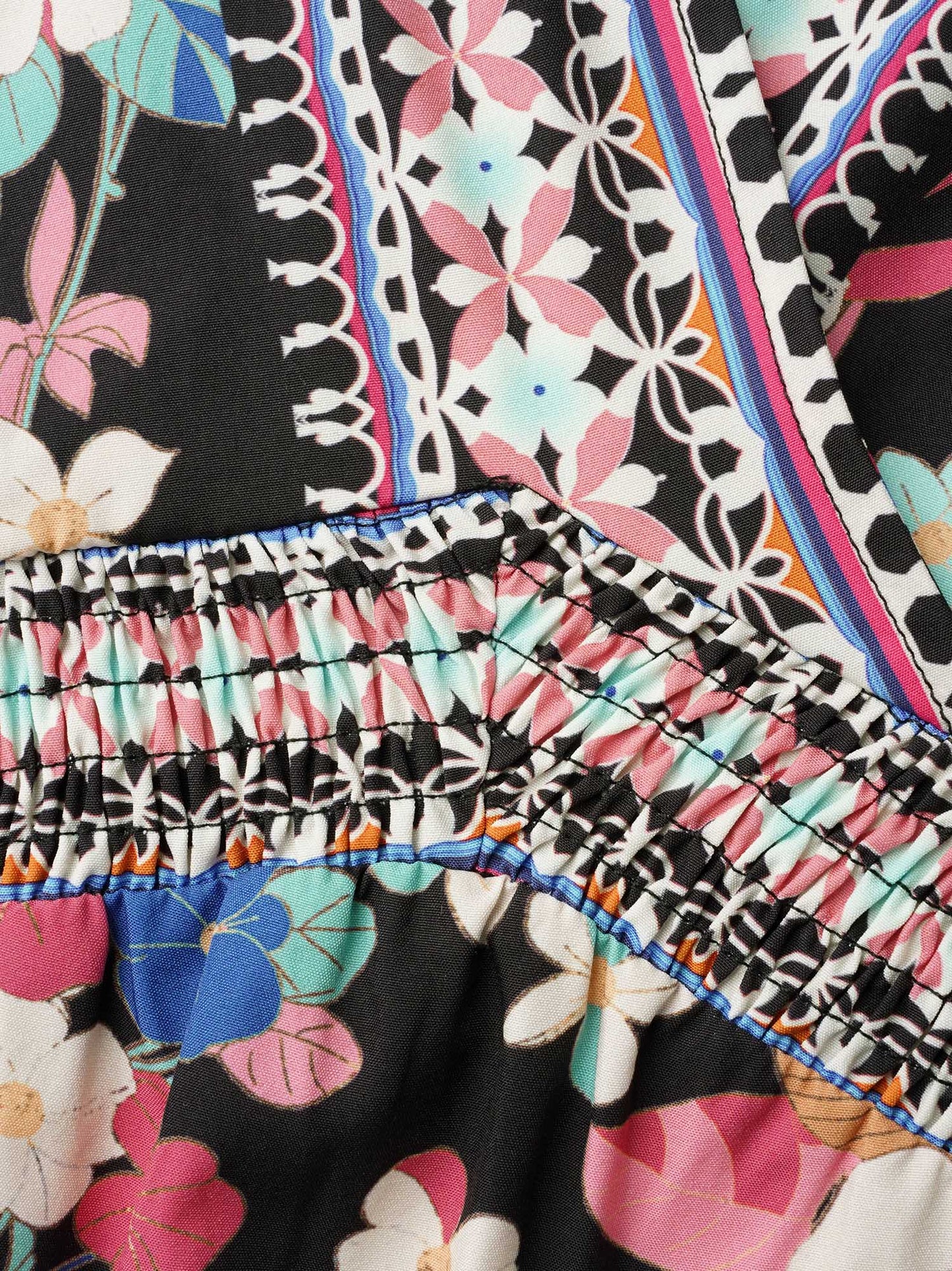 Boho Print Shirred V-Neck Flared Midi Dress