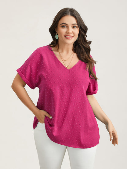 Back-Button Textured V-Neck Shirt