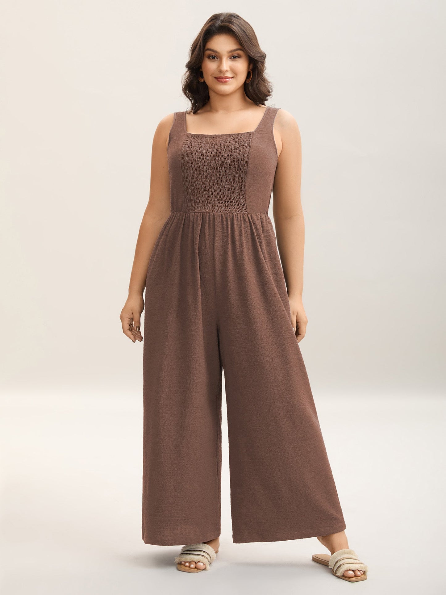 Shirred Pockets Wide-Leg Plain Jumpsuit
