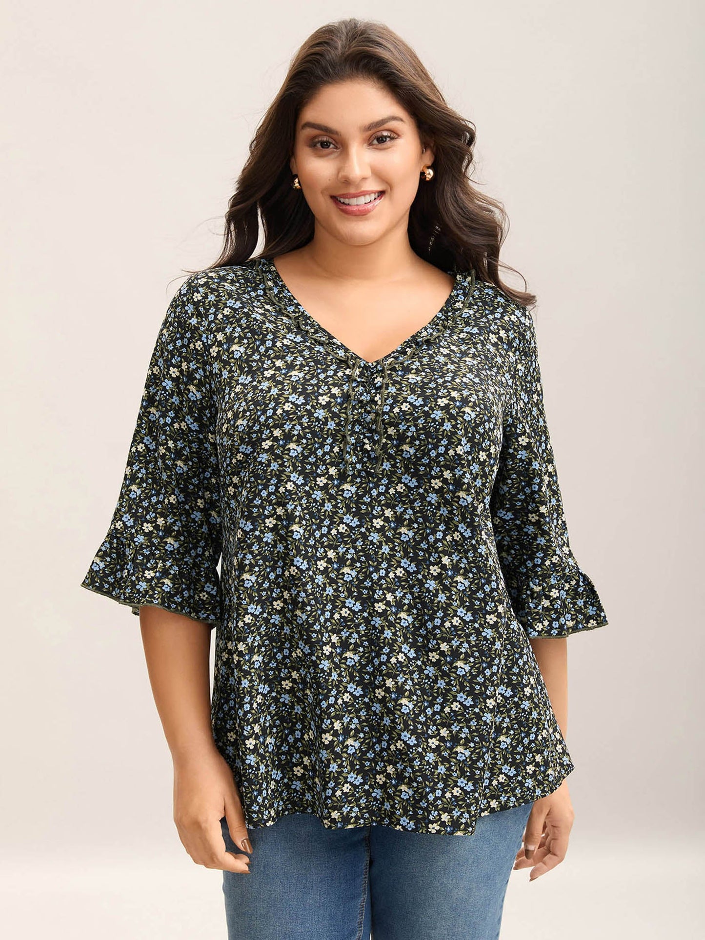 Ditsy Floral Print Frill Trim Blouse