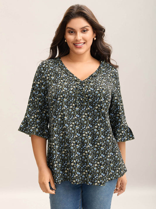 Ditsy Floral Print Frill Trim Blouse