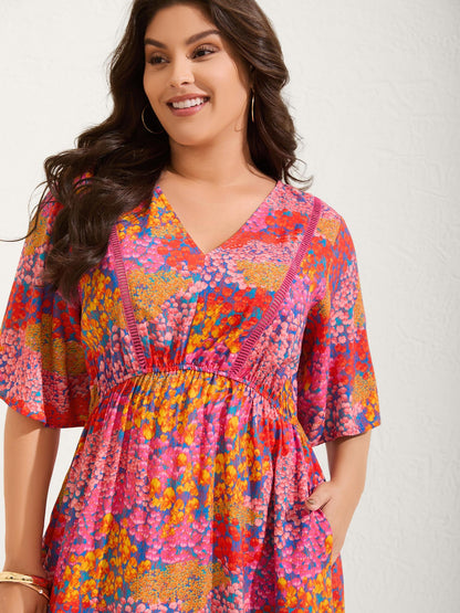 Floral Lace Trim Flowy Sleeve Midi Dress