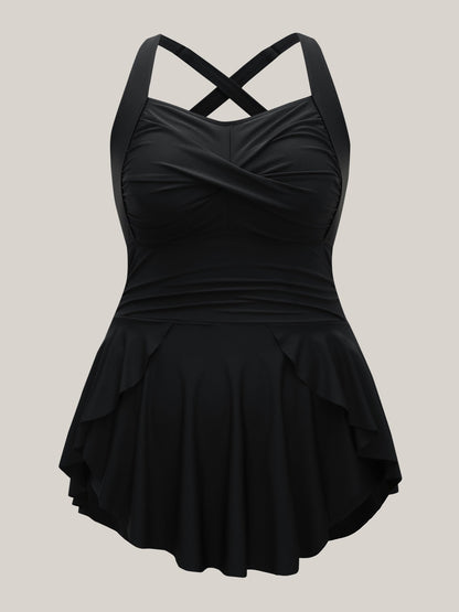 Twist Front Ruched Ruffled Swim Dress