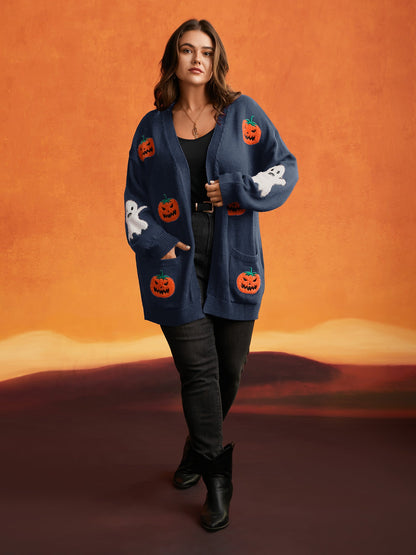 Pumpkin Ghost Embroidery Open Cardigan