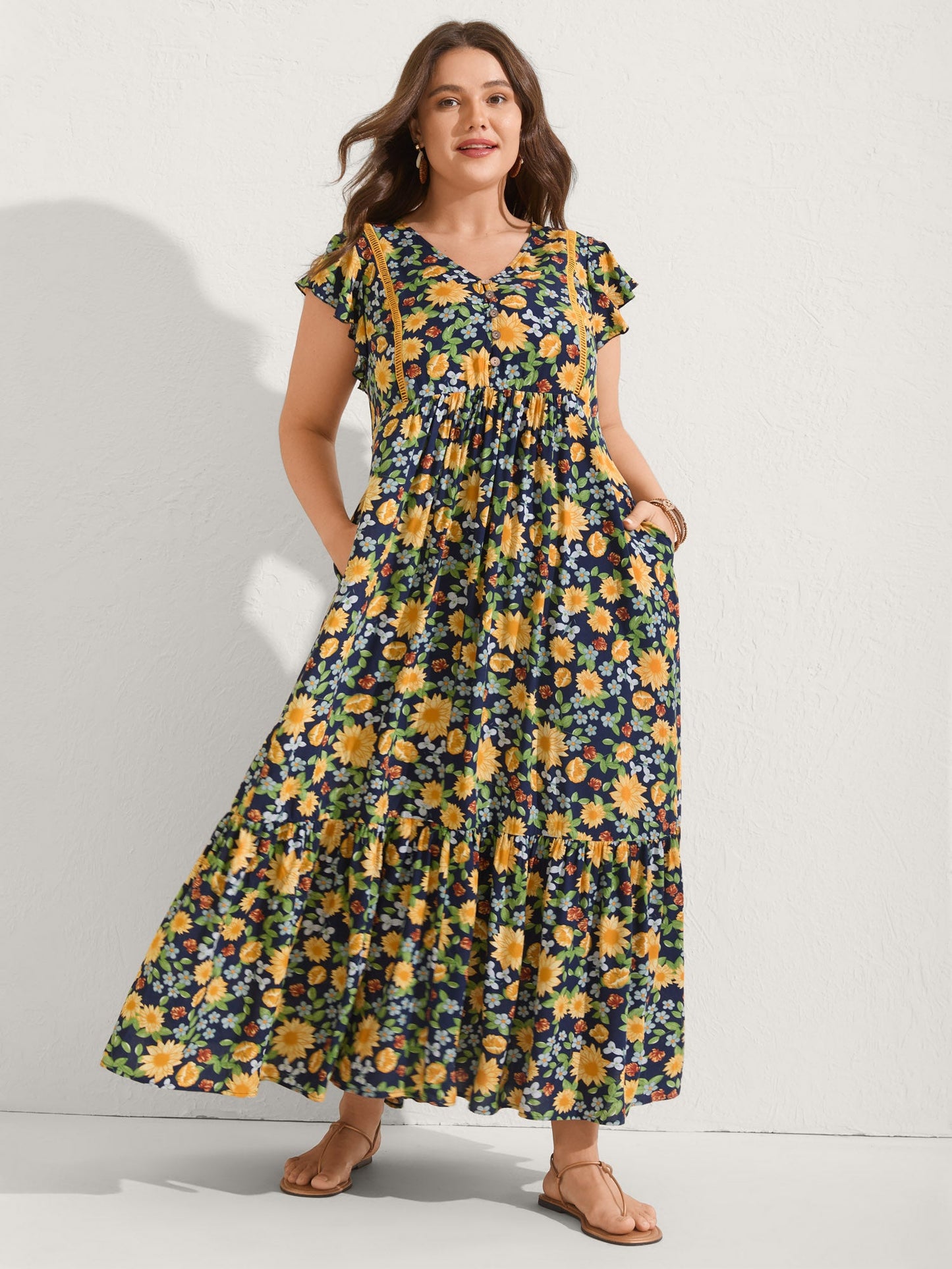 Sweet Floral Lace Trim Tiered Maxi Dress