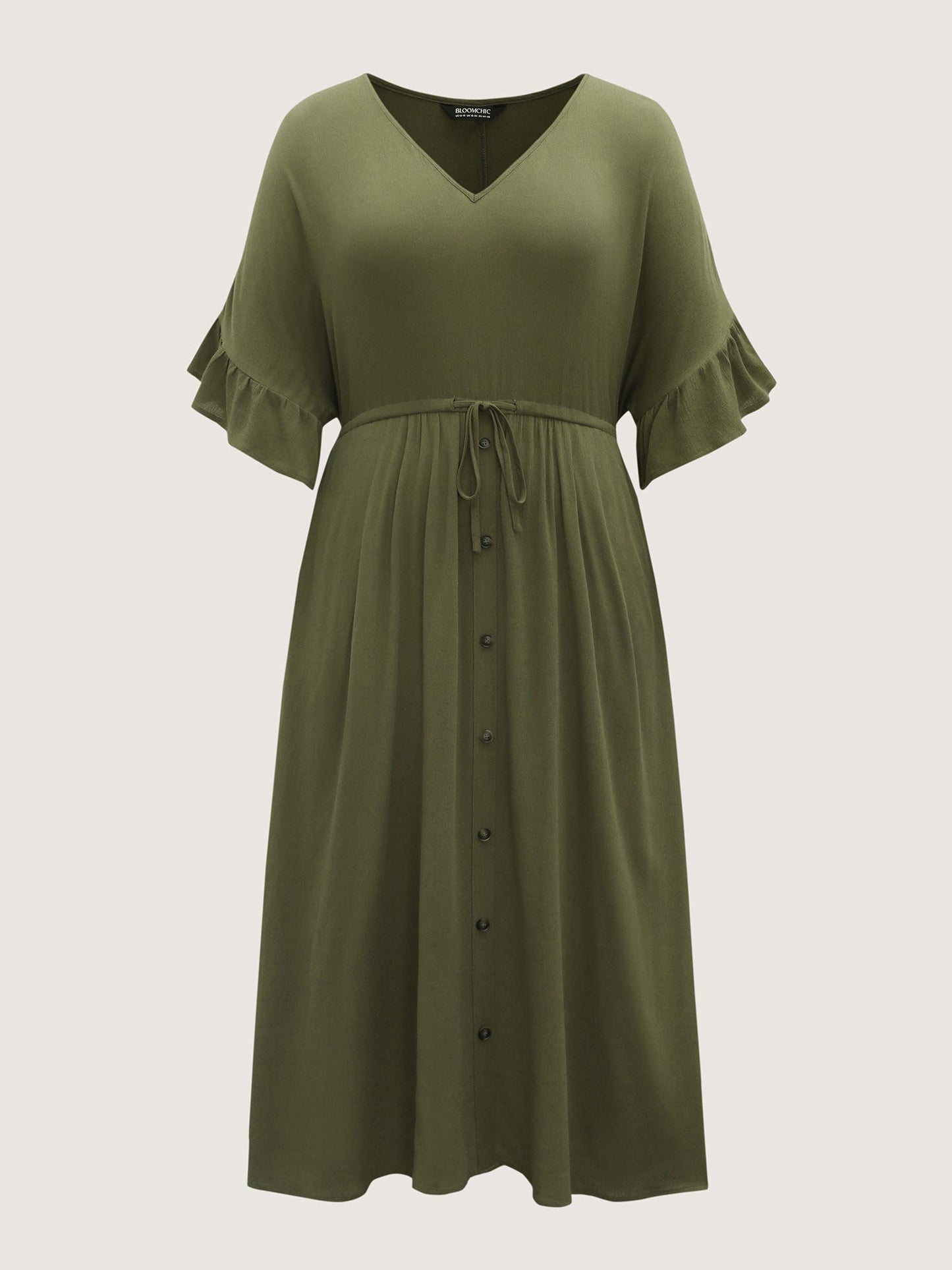 Waist-Defining Tie Ruffled Sleeve Midi Dress