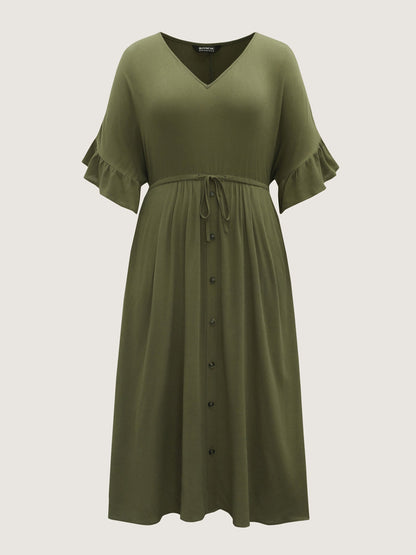 Waist-Defining Tie Ruffled Sleeve Midi Dress