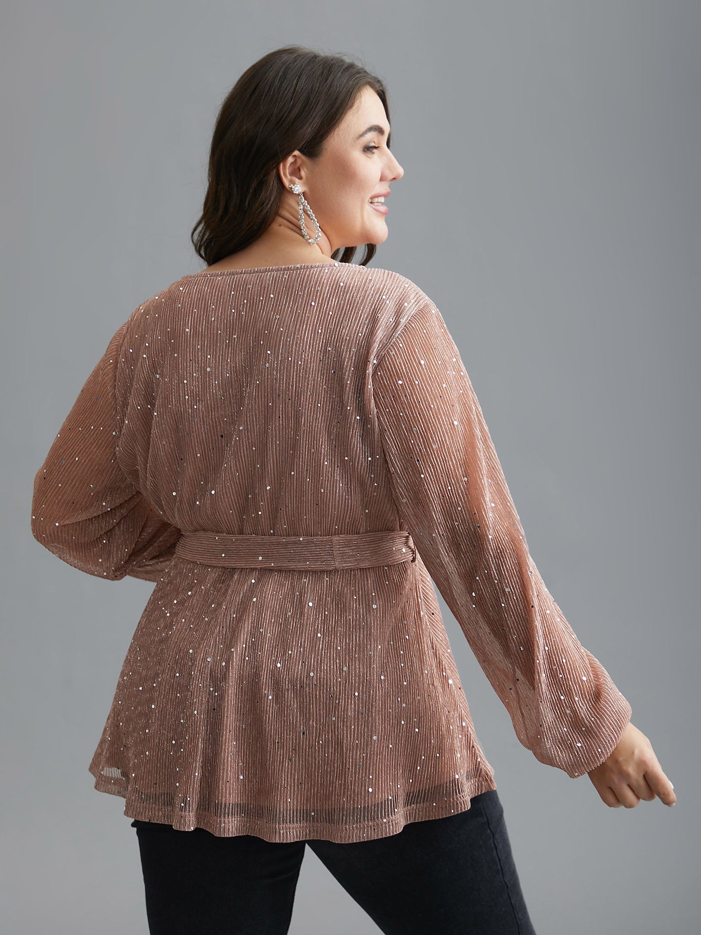 Sequin Mesh Lantern Sleeve Wrap Belted Striped Blouse