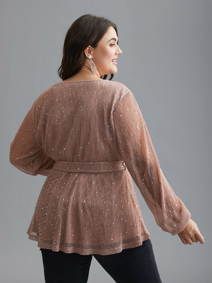 Sequin Mesh Lantern Sleeve Wrap Belted Striped Blouse