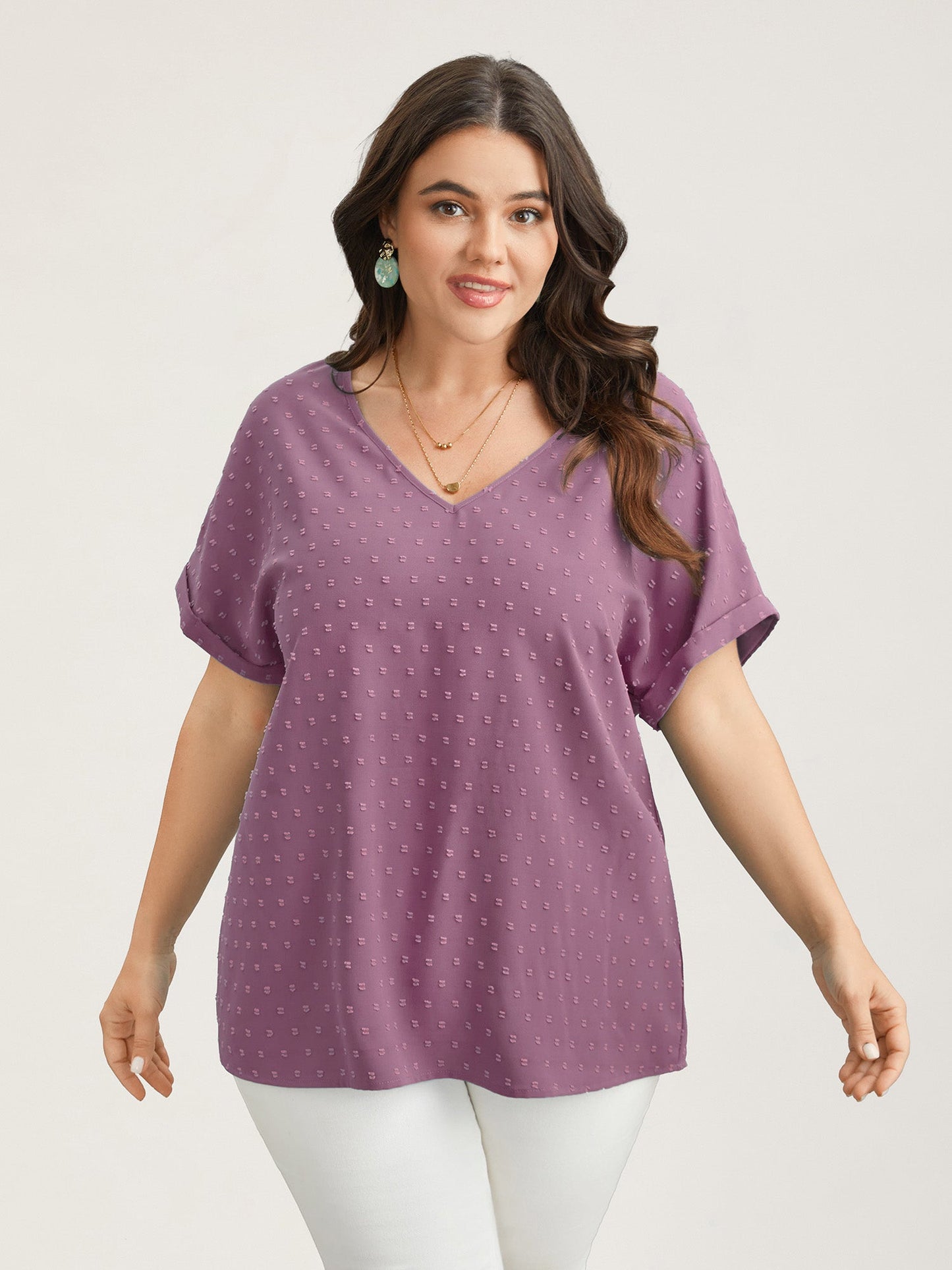 Back-Button Textured V-Neck Shirt