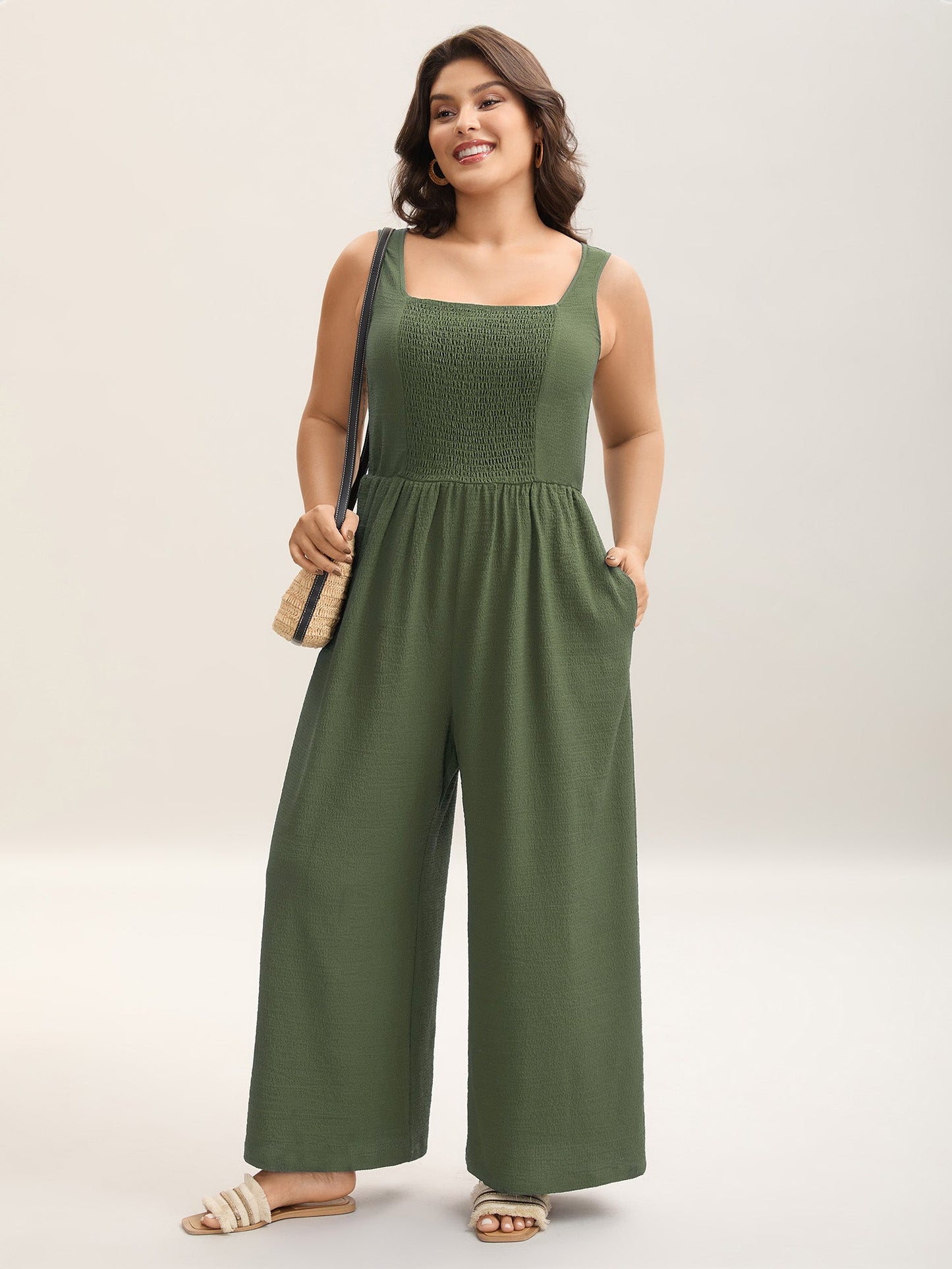 Shirred Pockets Wide-Leg Plain Jumpsuit