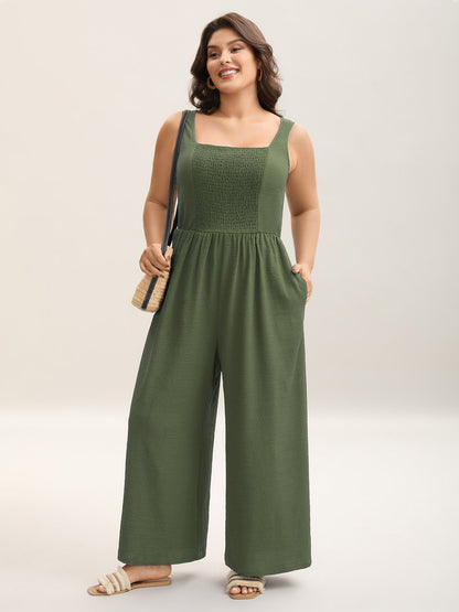 Shirred Pockets Wide-Leg Plain Jumpsuit