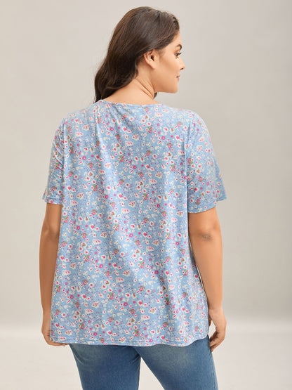 Floral Print Plicated Detail T-Shirt