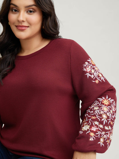 Waffle Knit Floral Embroidered Lantern Sleeve T-shirt