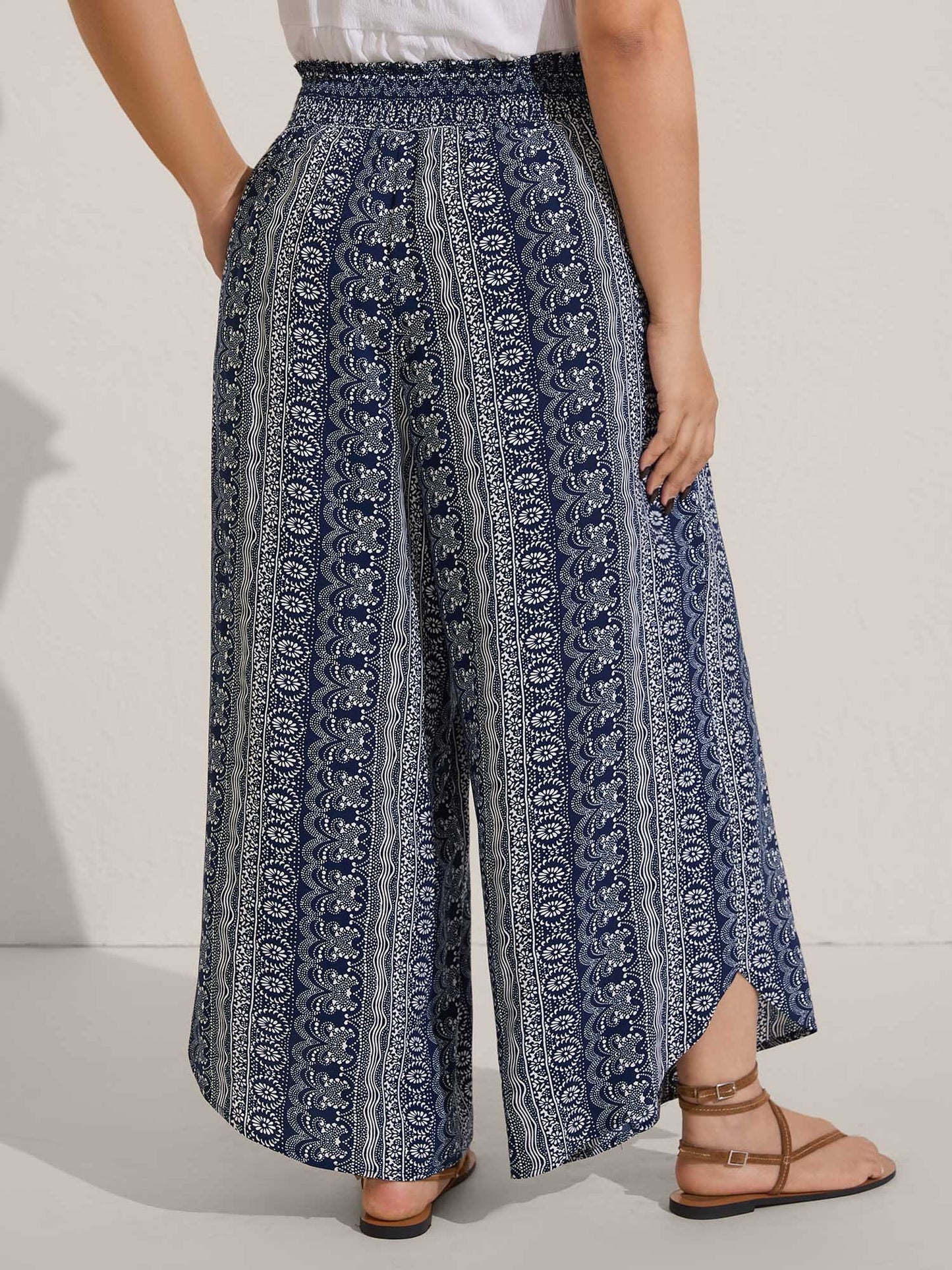 Boho Print Shirred Waist Wide-Leg Pants