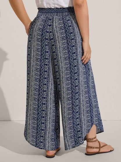 Boho Print Shirred Waist Wide-Leg Pants
