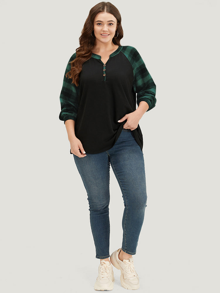 Plaid Patchwork Notched Button Detail Sweatshirt