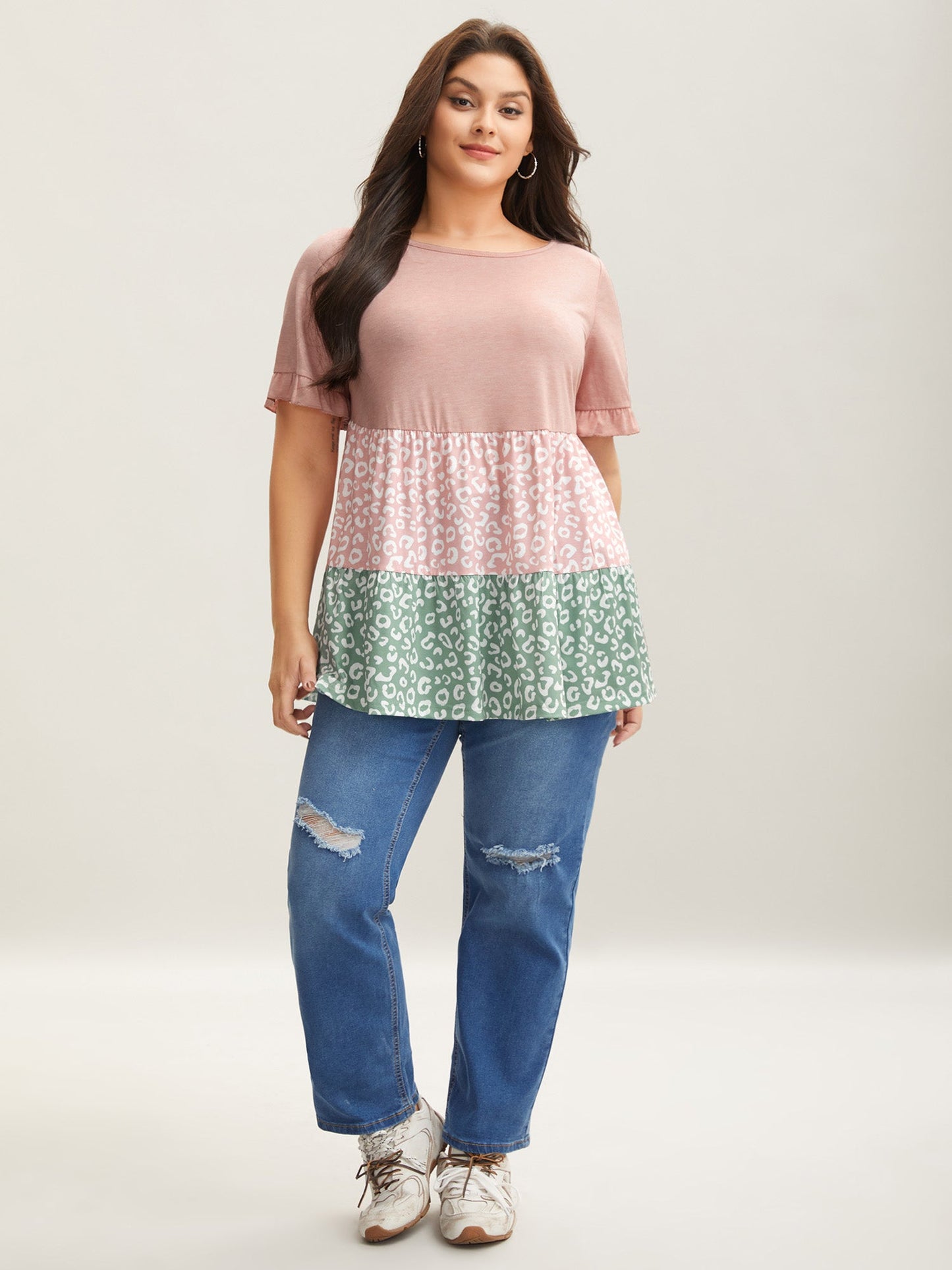Spliced Printed Tiered Ruffled Sleeve T-Shirt