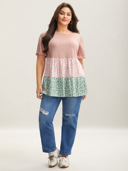 Spliced Printed Tiered Ruffled Sleeve T-Shirt