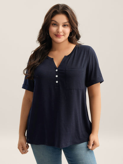 Solid Split Neck Button Detail T-Shirt