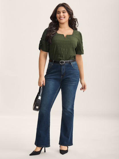 Textured Gathered Sleeve Split Neck Blouse