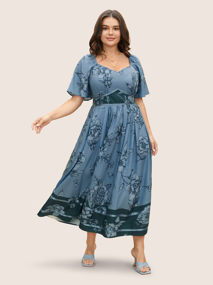 Boho Print Heart Neckline Ruffle Sleeve Maxi Dress