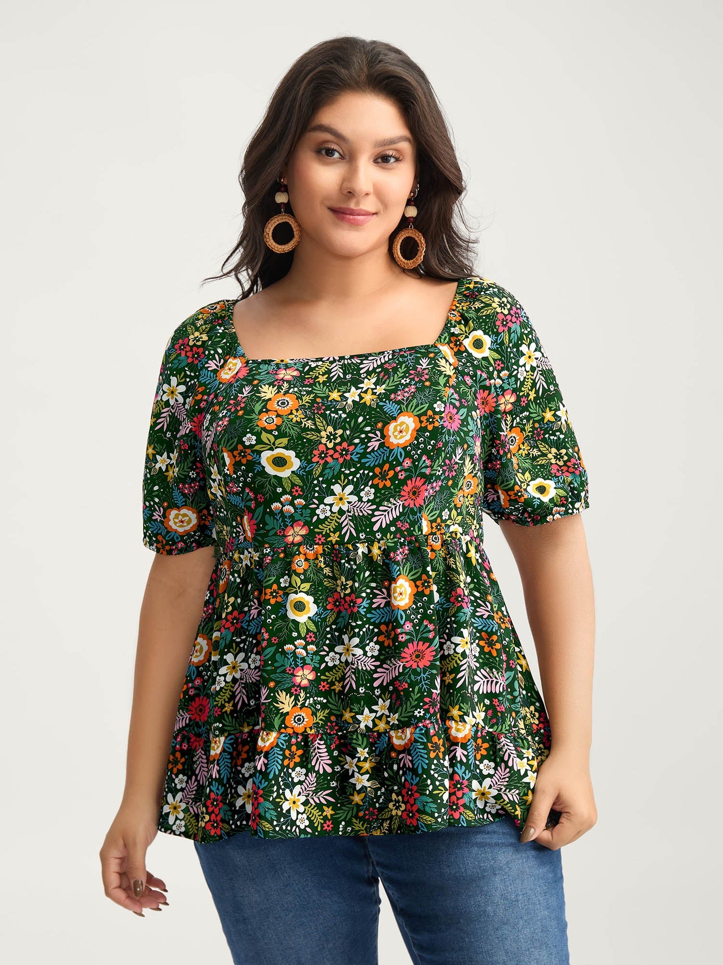 Floral Square Neck Fit and Flare Blouse