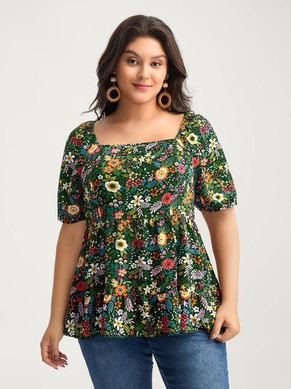 Floral Square Neck Fit and Flare Blouse