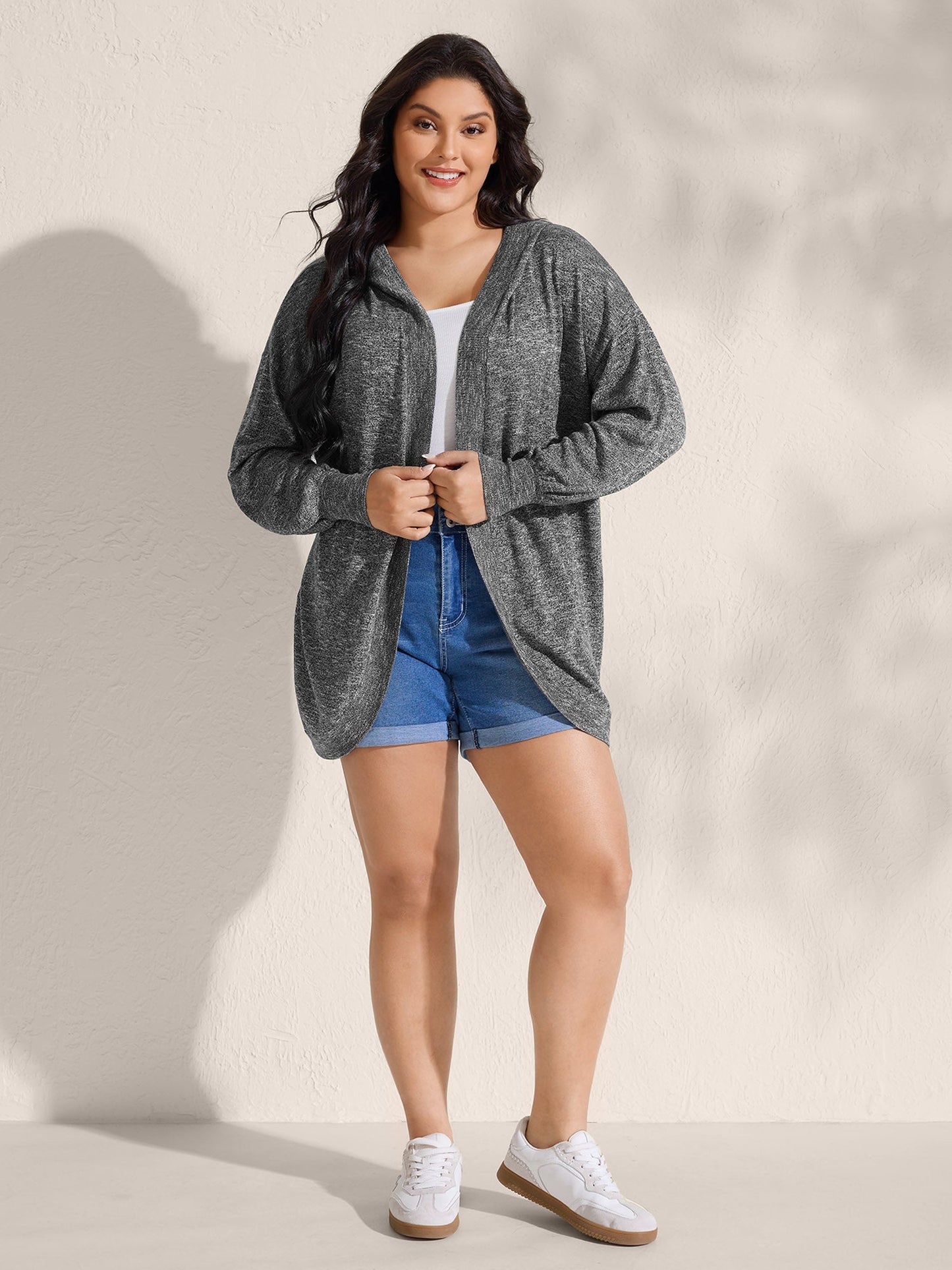 Hooded Heather Curvy Hem Lightweight Knit Cardigan