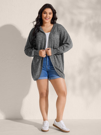 Hooded Heather Curvy Hem Lightweight Knit Cardigan