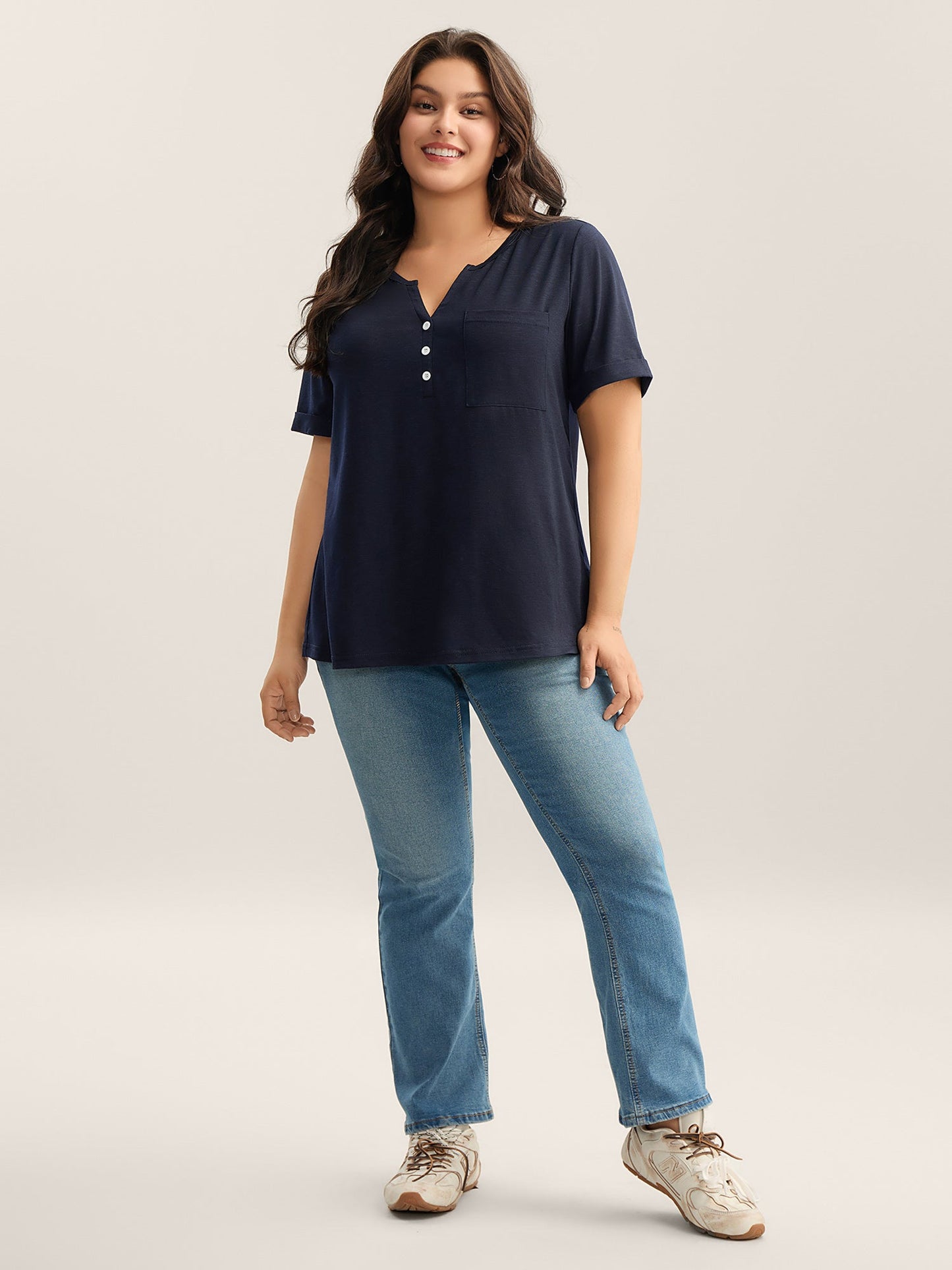 Solid Split Neck Button Detail T-Shirt