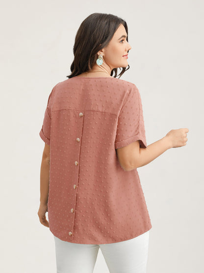Back-Button Textured V-Neck Shirt