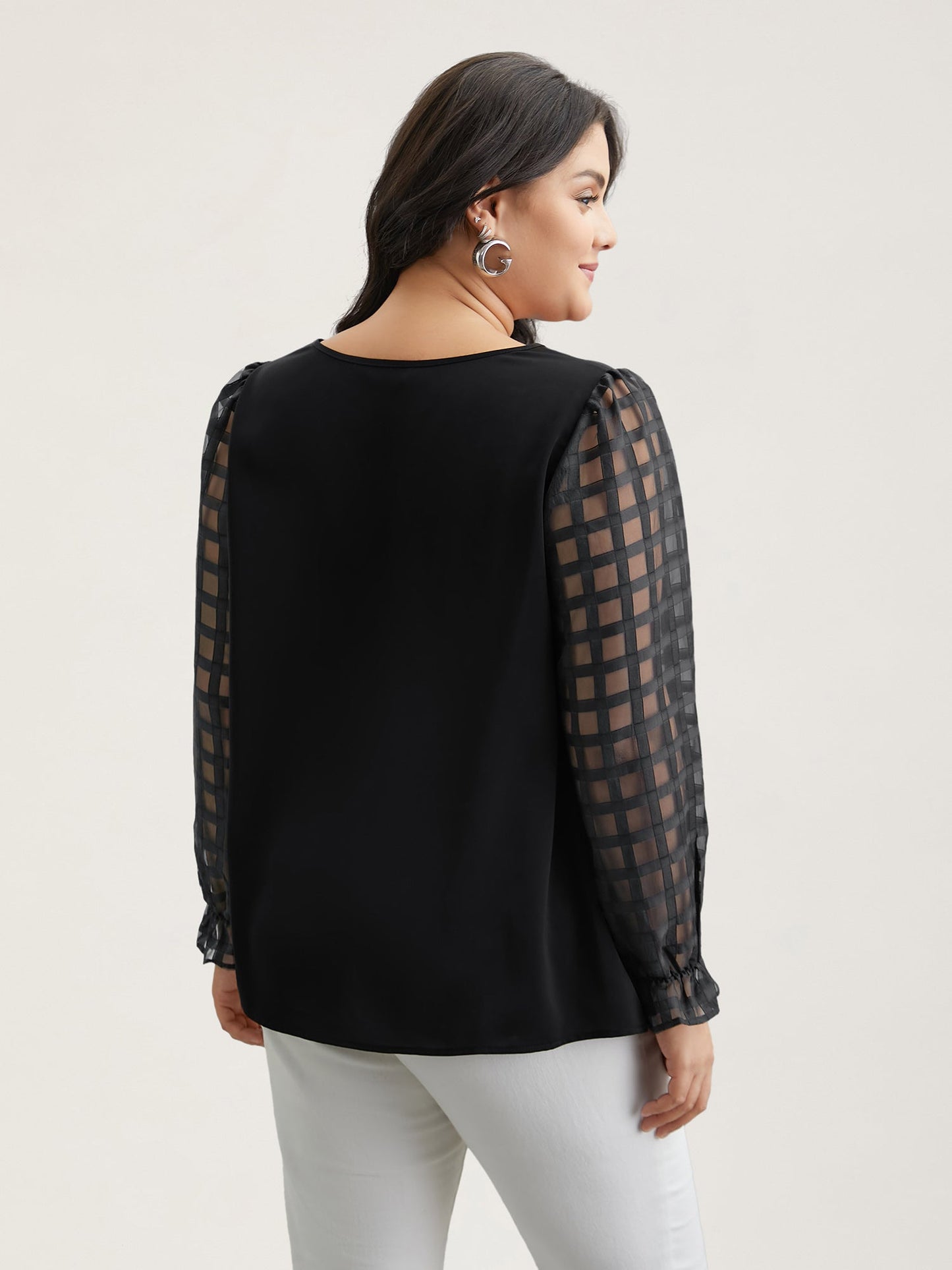 Sheer Textured Sleeve Neck Cut-Out Shirt