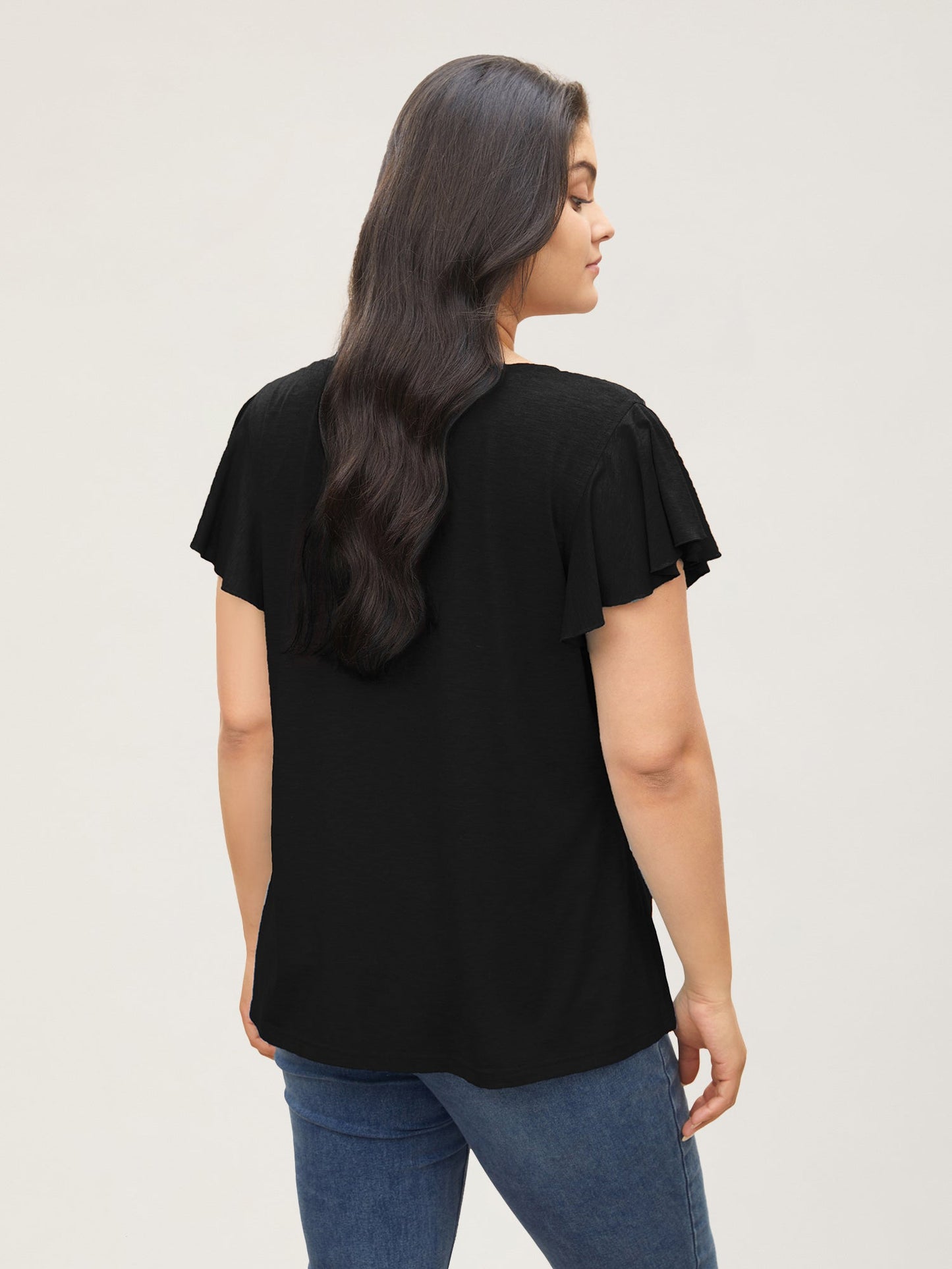 Solid Heather Gathered Ruffle Sleeve T-shirt