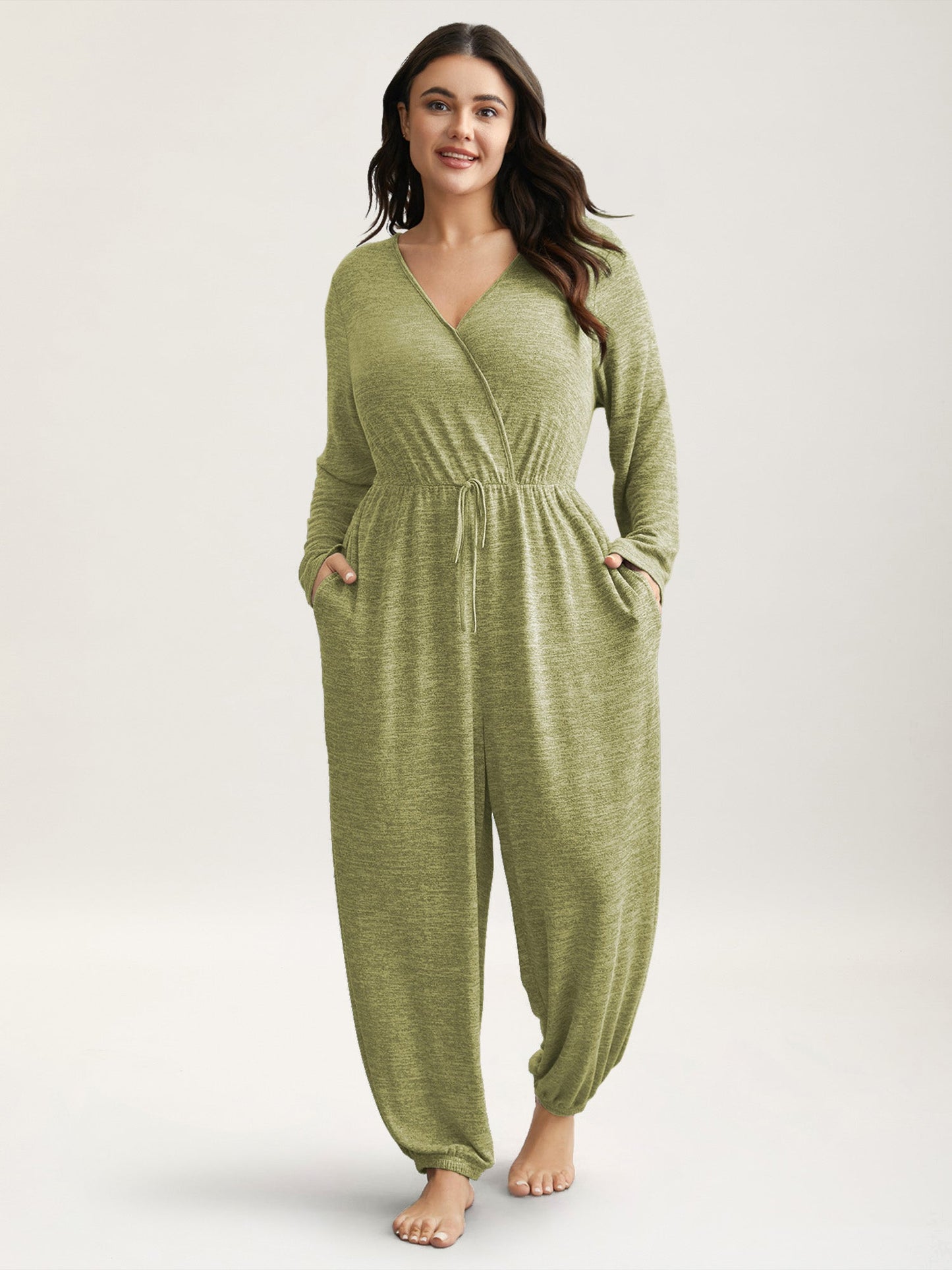 Elastic Waist Overlap Collar Lounge Jumpsuit