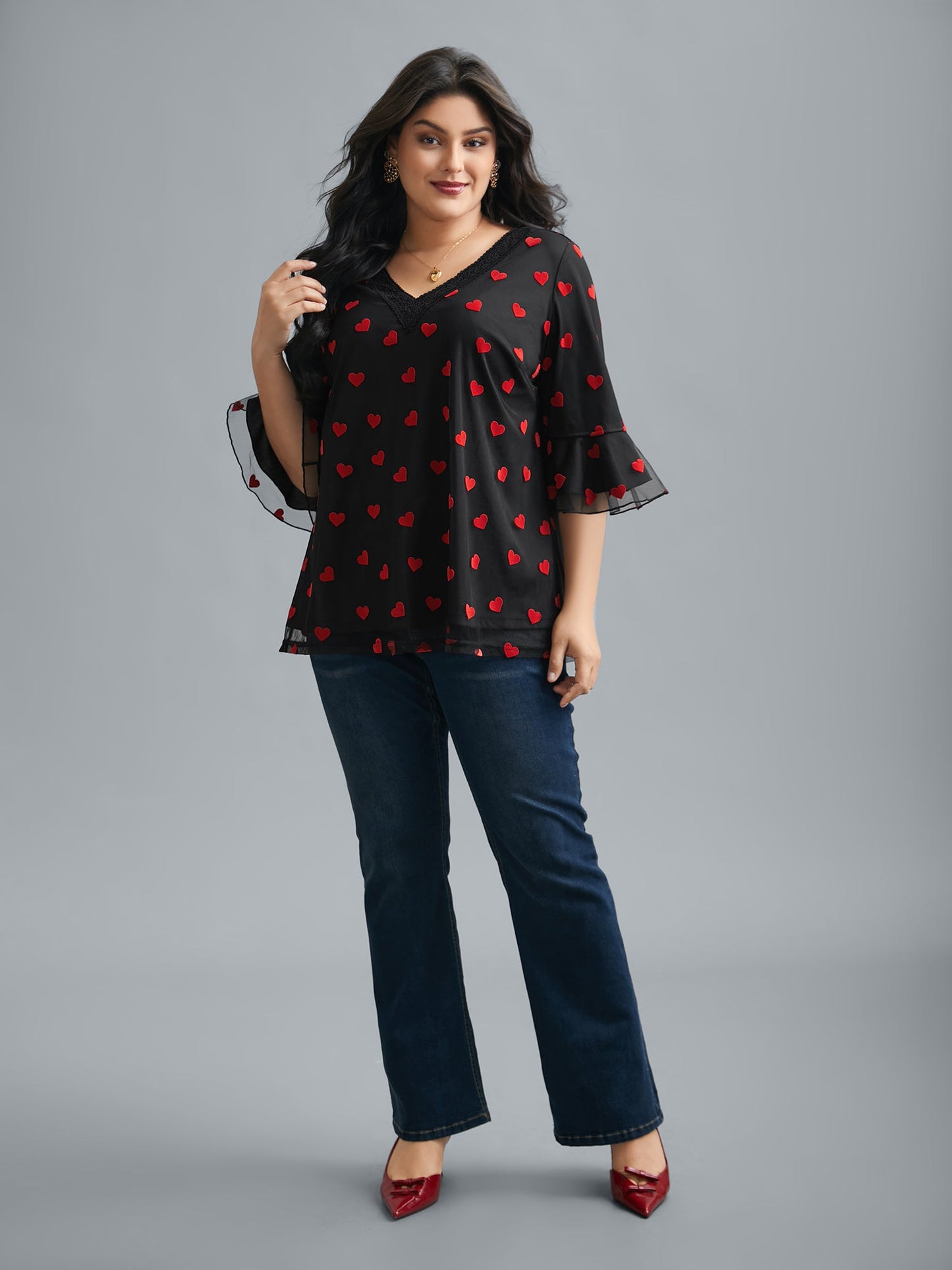 V-Neck Hearts Mesh Lace Detailing Blouse