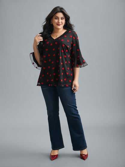 V-Neck Hearts Mesh Lace Detailing Blouse