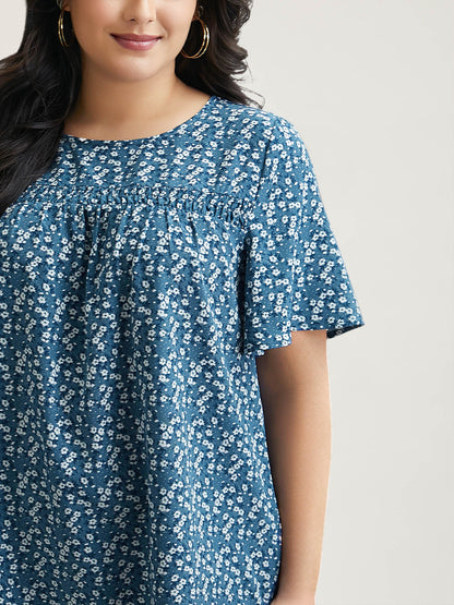 Floral Ruffle Sleeve Gathered Round Neck Blouse