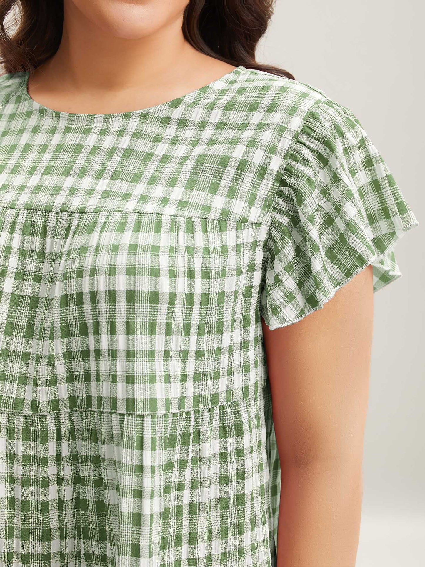 Plaid Print Textured Lotus Leaf Sleeve Shirt