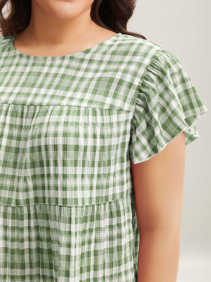 Plaid Print Textured Lotus Leaf Sleeve Shirt