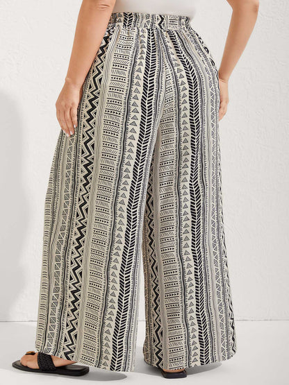 Waist-Tie Wide-Leg Boho Print Pants