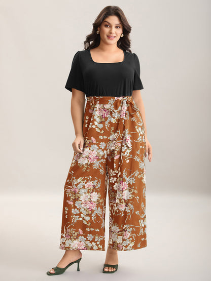 Color Contrast Belted Panel Pockets Jumpsuit