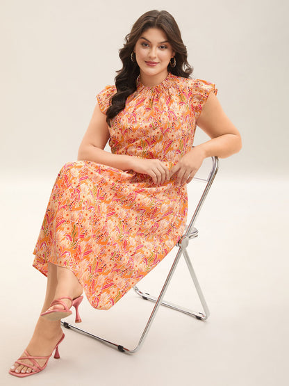 Floral Print Shirred Pockets Midi Dress